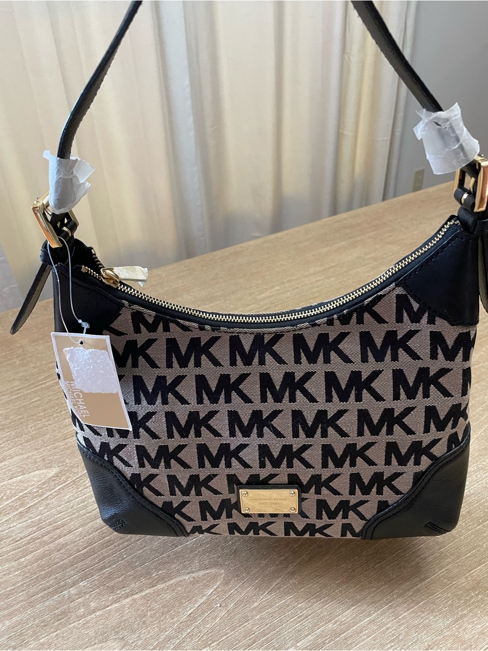 Michael Kors Black and Grey MK Logo Shoulder Bag with Leather Trim